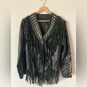 Black Fringe and Beaded Leather Jacket